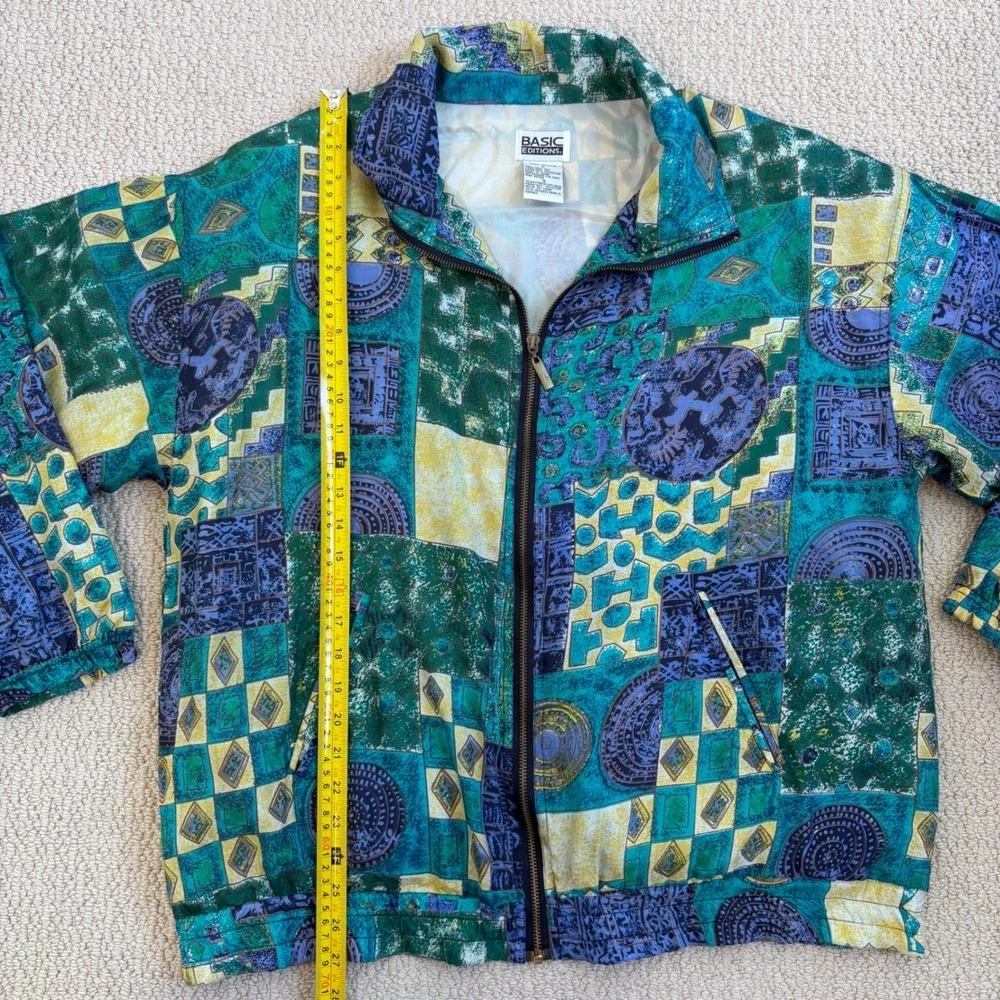 Vintage 80s 100% Silk Abstract Geometric Bomber Jacket Basic Editions Teal Large